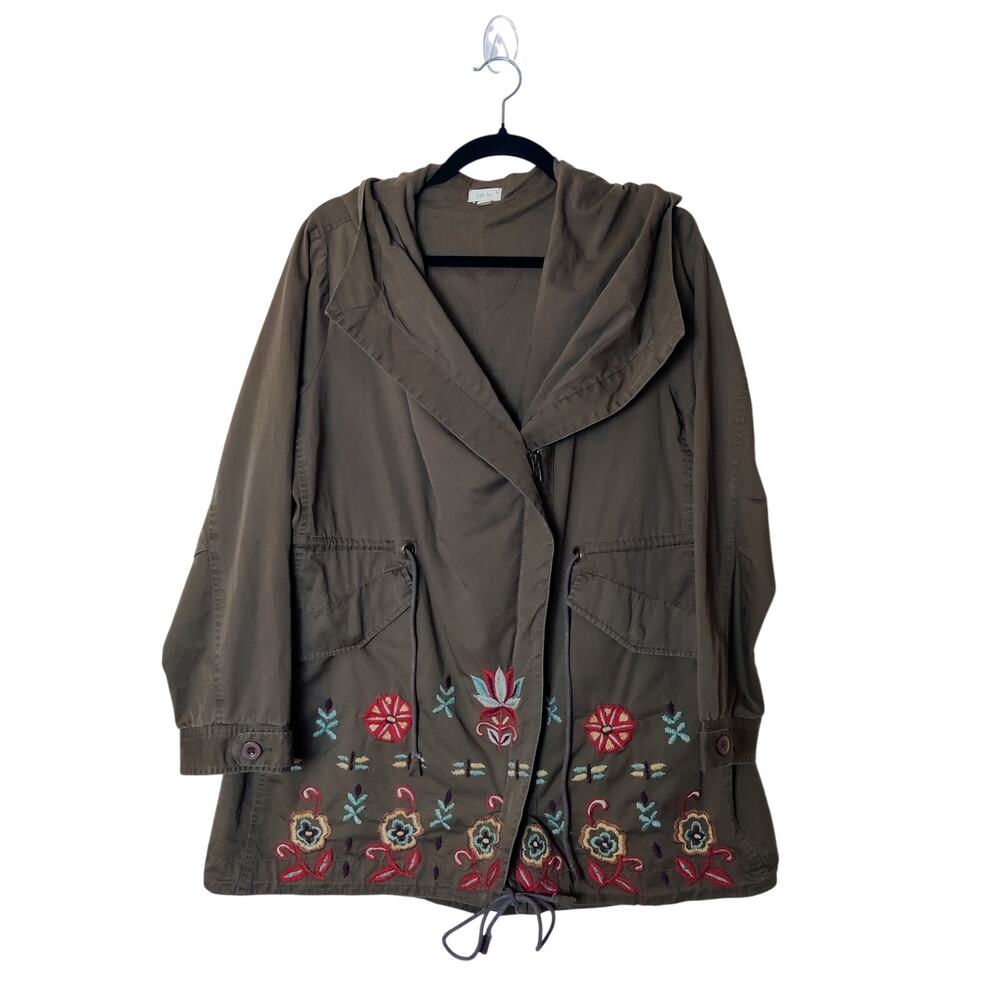 Caite Kyla Seo Olive Green Floral Boho Embroidered Hooded Utility Jacket Medium